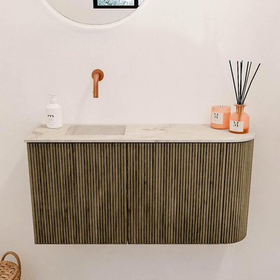 Mondiaz JOYA-DLUX 81.6cm toiletmeubel - ronding rechts kleur Dusk - Wastafel FAYE positie Links Zonder kraangat kleur Frappe.