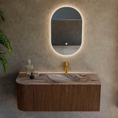 MONDIAZ KURVE-DLUX 115cm badmeubel ronding Links kleur Walnut met 1 lade en 1 deur. Wastafel BIG SMALL Rechts 1 kraangat Sombra.