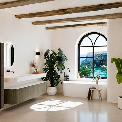 MONDIAZ THOR Meuble de salle de bains 190cm arrondi gauche + droite couleur Shadow avec 2 tiroirs et 2 portes. Vasque suspendue CLOUD gauche sans trou de robinet couleur Talc.