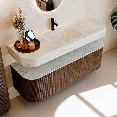 MONDIAZ THOR-DLUX Meuble de salle de bains 140cm arrondi gauche + droite couleur Walnut avec 1 tiroir et 2 portes. Vasque suspendue CLOUD Milieu 1 trou de robinet couleur Opalo.