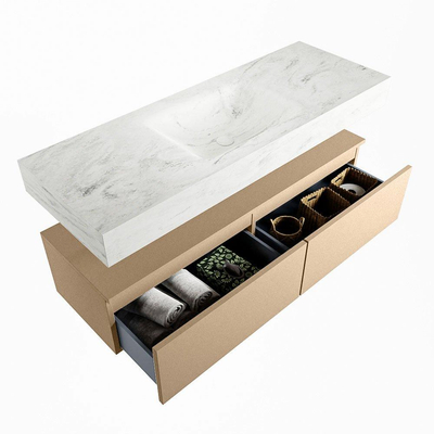 Mondiaz ALAN-DLUX Ensemble de meuble - 130cm - meuble Oro mat - 2 tiroirs - Lavabo Cloud Opalo suspendu - vasque Centre - 1 trou de robinet