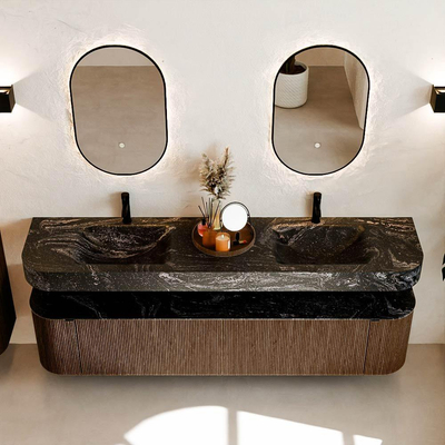 MONDIAZ THOR-DLUX 200cm meuble de salle de bains arrondi gauche + droite couleur Walnut avec 2 tiroirs et 2 portes. Vasque suspendue CLOUD Double 2 trous de robinet couleur Lava.