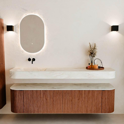 MONDIAZ THOR-DLUX 180cm meuble de salle de bains arrondi gauche + droite couleur Ruby avec 2 tiroirs et 2 portes. Vasque suspendue CLOUD Gauche sans trou de robinet couleur Ostra.