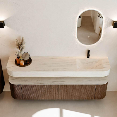 MONDIAZ THOR-DLUX 190cm meuble de salle de bains arrondi gauche + droite couleur Walnut avec 2 tiroirs et 2 portes. Vasque suspendue CLOUD Droite 1 trou de robinet couleur Meli.