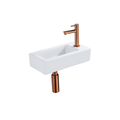 QeramiQ Lave-mains Kit lave-mains - 37.5x18.5x9cm - céramique - trou de robinet à droite - robinet lave-mains en cuivre brossé - bonde de vidage - siphon abaissé - Mat blanc