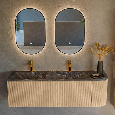 MONDIAZ KURVE-DLUX 145cm Meuble salle de bain avec module 25 D - couleur Oak - 1 tiroir - 1 porte - vasque LEAF double / gauche - 2 trous de robinet - couleur Lava