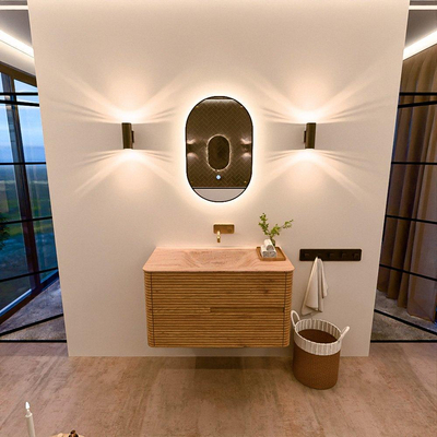 Mondiaz CIRO-DLUX Badkamermeubelset - 90x45x50cm - Solid surface wastafel Saba - 1 wasbak Midden - zonder kraangaten - 2 lades - Oak