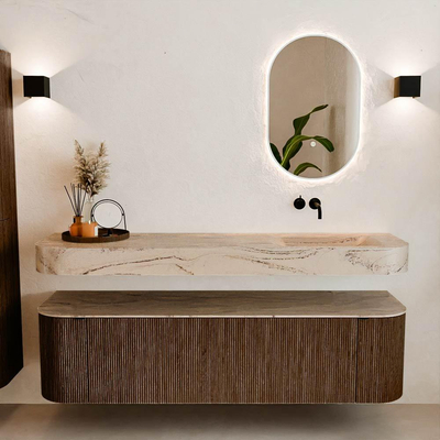 MONDIAZ THOR-DLUX 170cm badmeubel ronding links + rechts kleur Walnut met 1 lade en 2 deuren. Vrijhangende wastafel CLOUD Rechts zonder kraangat kleur Arena.