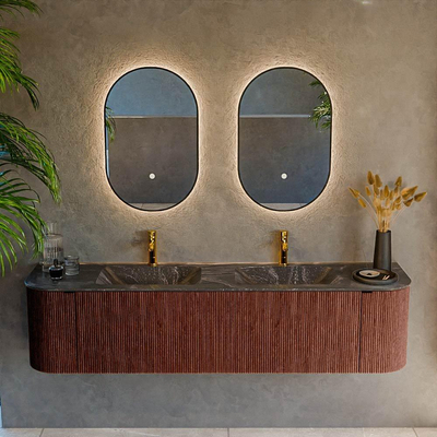 Mondiaz KURVE-DLUX Badkamermeubelset - 180x46x40cm - 2 lade - 2 deuren - wastafel solid surface - dubbel - 2 kraangaten - Ruby