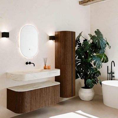 MONDIAZ THOR-DLUX 110cm badmeubel ronding links + rechts kleur Walnut met 1 lade en 2 deuren. Vrijhangende wastafel CLOUD Midden zonder kraangat kleur Ostra.