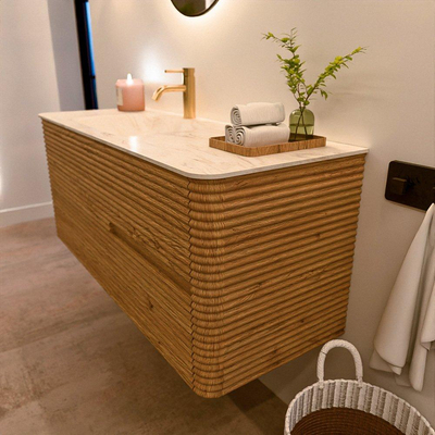 Mondiaz CIRO-DLUX Badkamermeubelset - 120x45x50cm - Solid surface wastafel Ostra - 1 wasbak Links - 1 kraangat - 2 lades - Oak