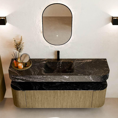 MONDIAZ THOR-DLUX 160cm meuble de salle de bains arrondi gauche + droite couleur Dusk avec 1 tiroir et 2 portes. Vasque suspendue CLOUD Milieu 1 trou de robinet couleur Lava.