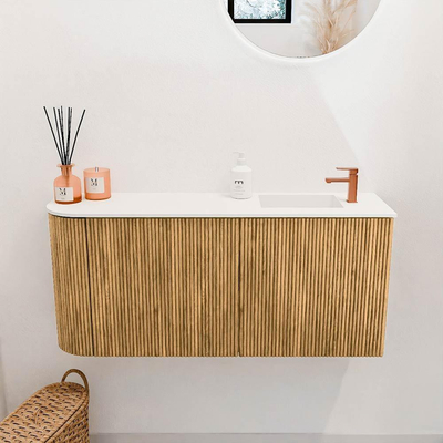 Mondiaz JOYA 91.6cm toiletmeubel - ronding links kleur Oak - Wastafel FAYE positie Rechts 1 kraangat kleur Talc.