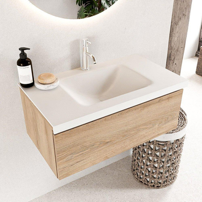 Mondiaz BUKLA Ensemble de meuble - 80x45x34cm - 1 trou de robinet - lavabo centré - solid surface - Talc - sans poignée - 1 tiroir - Mélamine - Chêne blanchi
