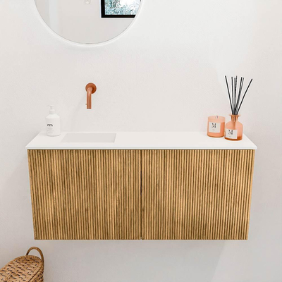 Mondiaz JOYA 90cm meuble de salle de bains - couleur Oak - Vasque FAYE position Gauche Sans trou de robinet couleur Talc