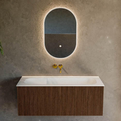 MONDIAZ KURVE Meuble de salle de bains 110 cm couleur Walnut avec 1 tiroir. Lavabo BIG MEDIUM centré sans trou de robinet Talc.