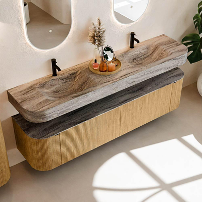 MONDIAZ THOR-DLUX 190cm meuble de salle de bains arrondi gauche + droite couleur Oak avec 2 tiroirs et 2 portes. Vasque suspendue CLOUD Double 2 trous de robinet couleur Oza.