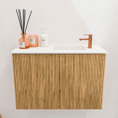 Mondiaz JOYA 60cm toiletmeubel - kleur Oak - Wastafel FAYE positie Rechts 1 kraangat kleur Talc.