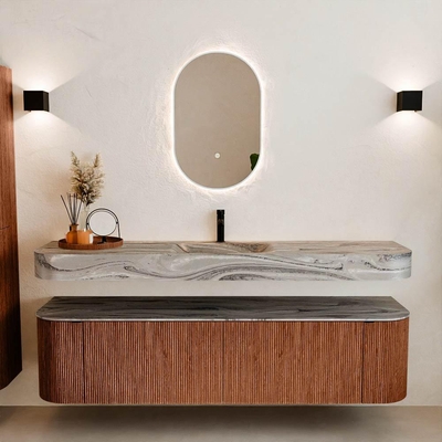 MONDIAZ THOR-DLUX Meuble de salle de bains - 180cm - arrondi gauche + droite - couleur Ruby - 2 tiroirs - 2 portes - Vasque suspendue CLOUD Milieu 1 trou de robinet couleur Sombra