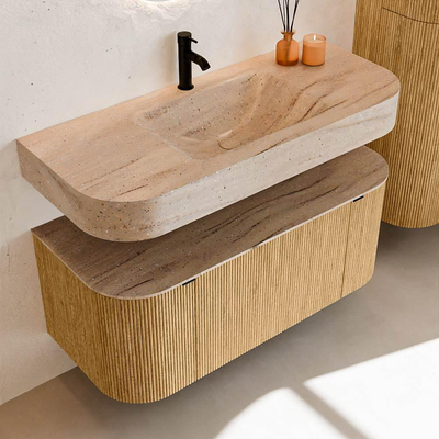 MONDIAZ THOR-DLUX 110cm badmeubel ronding links + rechts kleur Oak met 1 lade en 2 deuren. Vrijhangende wastafel CLOUD Midden 1 kraangat kleur Saba.