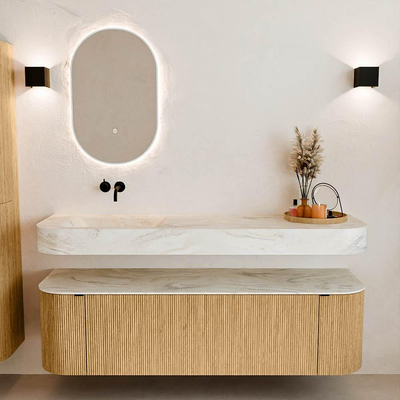 MONDIAZ THOR-DLUX 160cm badmeubel ronding links + rechts kleur Oak met 1 lade en 2 deuren. Vrijhangende wastafel CLOUD Links zonder kraangat kleur Ostra.