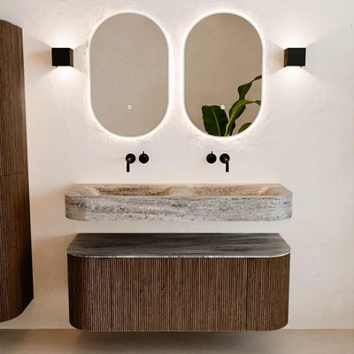 MONDIAZ THOR-DLUX Meuble de salle de bains 120cm arrondi gauche + droite couleur Walnut avec 1 tiroir et 2 portes. Vasque suspendue CLOUD Double sans trou de robinet couleur Oza.