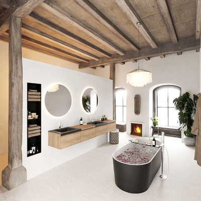 MONDIAZ BUKLA 240cm ensemble de meuble avec module 60 à droite couleur Chêne blanchi avec 4 tiroirs. Lavabo CLOUD double 2 trous de robinet couleur Urbaine.