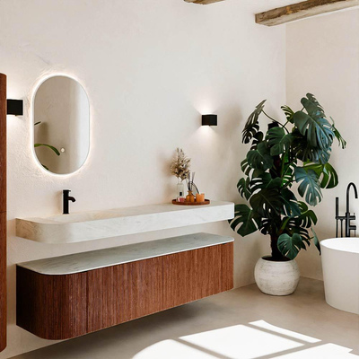 MONDIAZ THOR-DLUX 180cm meuble de salle de bains arrondi gauche + droite couleur Ruby avec 2 tiroirs et 2 portes. Vasque suspendue CLOUD Gauche 1 trou de robinet couleur Opalo.