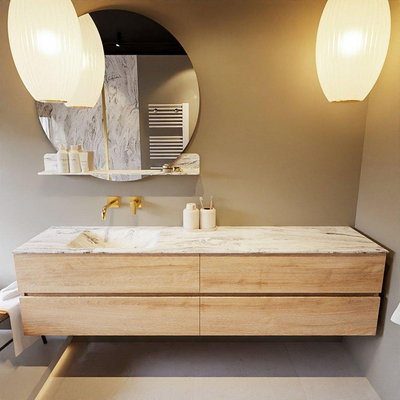 Mondiaz VICA-DLUX ensemble de meuble de salle de bain - 200cm - meuble sous-vasque chêne blanchi - 4 tiroirs - lavabo encastré cloud gauche - sans trous de robinet - version haute de 60cm - glace