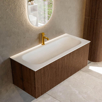 MONDIAZ KURVE 110cm badmeubel kleur Walnut met 1 lade. Wastafel BIG MEDIUM midden 1 kraangat Talc.