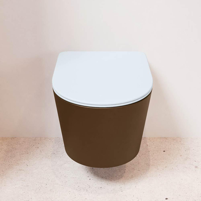 Mondiaz LAVIE hangtoilet – spoelrandloos – 36 x 53 cm – met softclose zitting – Rust (bruin), zitting Clay (lichtblauw/grijs)