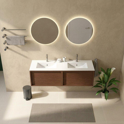 Saniclass Holz Frame Ensemble de meubles de salle de bains - 140x45x42cm - Vasque Vygo en céramique blanche - 2 vasques - 2 trous de robinetterie - 2 tiroirs - walnut pure brillant (bois)