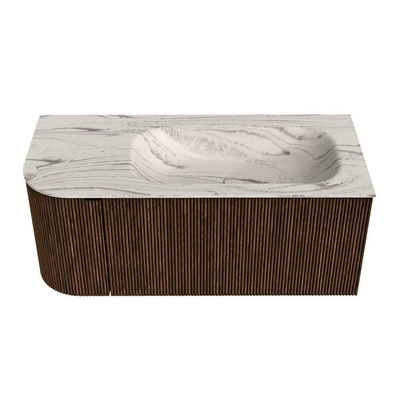 MONDIAZ KURVE-DLUX Meuble de salle de bains 105cm arrondi à gauche couleur Walnut avec 1 tiroir et 1 porte. Lavabo BIG SMALL à droite sans trou de robinet Nata.
