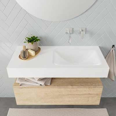 MONDIAZ ALAN 100cm - meuble bas - chêne blanchi - 1 tiroir - lavabo suspendu - vasque à droite - 0 trous de robinet - talc