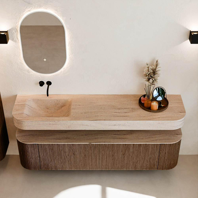 MONDIAZ THOR-DLUX 180cm badmeubel ronding links + rechts kleur Walnut met 2 lades en 2 deuren. Vrijhangende wastafel CLOUD Links zonder kraangat kleur Saba.