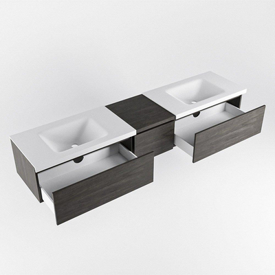 MONDIAZ BUKLA 200cm meuble de salle de bain avec module 40 couleur Marron Foncé avec 3 tiroirs. Lavabo CLOUD double 0 trou de robinet couleur Talc.