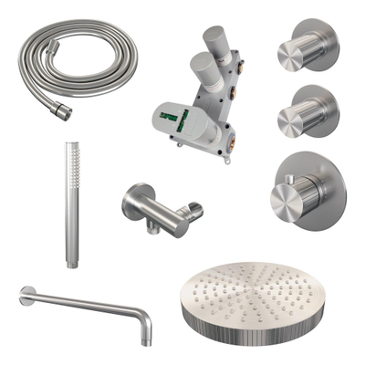 BRAUER Stripe Thermostatische Inbouw Regendouche - SET 02 - 25cm douchekop - gebogen muurarm - staaf handdouche - doucheslang - wandaansluitbocht - RVS-kleurig geborsteld PVD