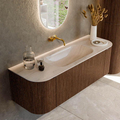 MONDIAZ KURVE-DLUX 140cm badmeubel ronding Links + Rechts kleur Walnut met 1 lade en 2 deuren. Wastafel BIG SMALL Midden zonder kraangat Meli.