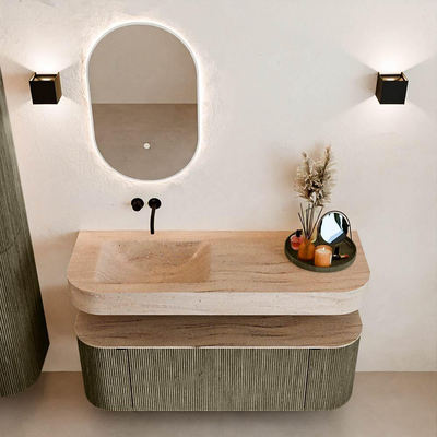 MONDIAZ THOR-DLUX 130cm meuble de salle de bains arrondi gauche + droite couleur Shadow avec 1 tiroir et 2 portes. Vasque suspendue CLOUD gauche sans trou de robinet couleur Saba.