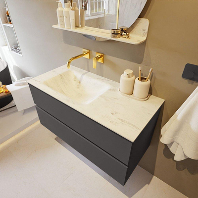 Mondiaz VICA-DLUX Ensemble de meuble de salle de bain - 100cm - meuble sous-vasque gris foncé - 2 tiroirs - lavabo encastré cloud gauche - sans trous de robinet - version haute de 60cm - opalo