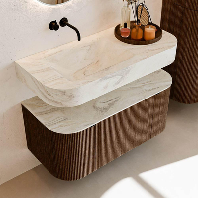 MONDIAZ THOR-DLUX 100cm badmeubel ronding links + rechts kleur Walnut met 1 lade en 2 deuren. Vrijhangende wastafel CLOUD Links zonder kraangat kleur Ostra.