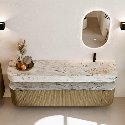 MONDIAZ THOR-DLUX Meuble de salle de bains 190cm arrondi gauche + droite couleur Dusk avec 2 tiroirs et 2 portes. Vasque suspendue CLOUD Droite 1 trou de robinet couleur Glace.