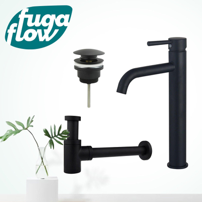 FugaFlow Eccelente Sobrado Kit mitigeur lavabo - robinet rehaussé - bonde clic clac - siphon design bas - Noir mat