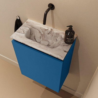 MONDIAZ TURE-DLUX Meuble toilette - 40cm - Jeans - EDEN - vasque Glace - position centrale - sans trou de robinet