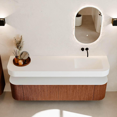 MONDIAZ THOR Meuble de salle de bains - 180cm - arrondi gauche + droite - couleur Ruby - 2 tiroirs et 2 portes - Vasque suspendue CLOUD Droite sans trou de robinet - couleur Talc