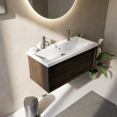 Saniclass Holz Frame Ensemble meuble de salle de bains - 100x45x43.5cm - Lavabo en céramique Bari blanc - 1 vasque - 2 trous de robinetterie - 1 tiroir - chêne charcoal mat (bois)