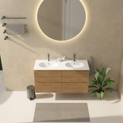 Saniclass Holz Atelier Ensemble meuble de salle de bains - 120x45x74cm - lavabo en céramique Chaci blanc - 2 vasques - 2 trous de robinetterie - 2 tiroirs - chêne natural mat (bois)