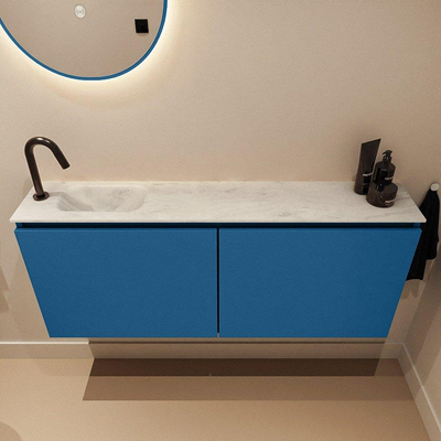 MONDIAZ TURE-DLUX Meuble toilette - 120cm - Jeans - EDEN - vasque Opalo - position gauche - 1 trou de robinet