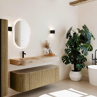 MONDIAZ THOR-DLUX Meuble de salle de bains 140cm arrondi gauche + droite couleur Dusk avec 1 tiroir et 2 portes. Vasque suspendue CLOUD Gauche 1 trou de robinet couleur Arena.