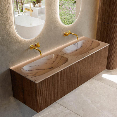 MONDIAZ KURVE-DLUX 140cm meuble de salle de bains couleur Walnut avec 2 tiroirs et 0 portes. Lavabo STOR SMALL Double sans trou de robinet Arena.